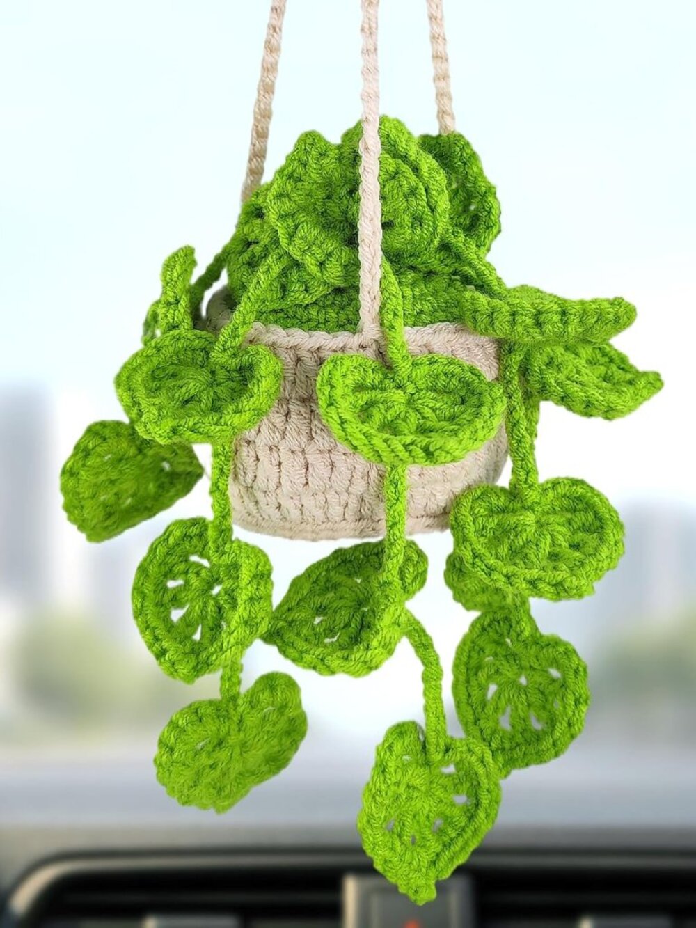 Boho Crochet Plant Hanging Basket for Car Rear View Mirror Decor, Polyester, Lig
